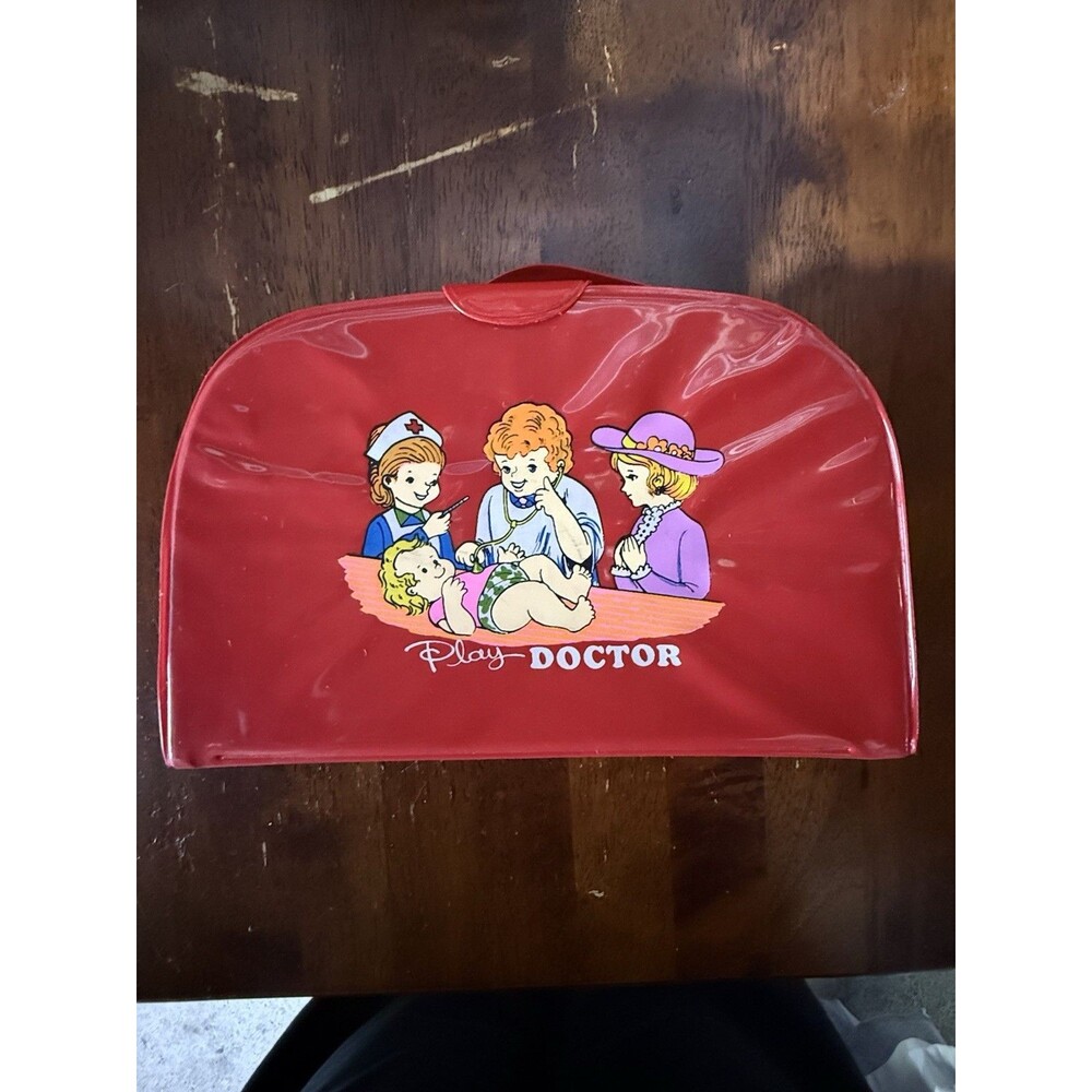 Vintage Toy Medical Kit Doctors Bag w/ Accessories Red Vinyl